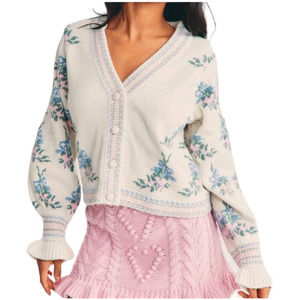 LOVESHACKFANCY Boscom Cardigan Floral Jacquard Knit Sweater Size XL 0071